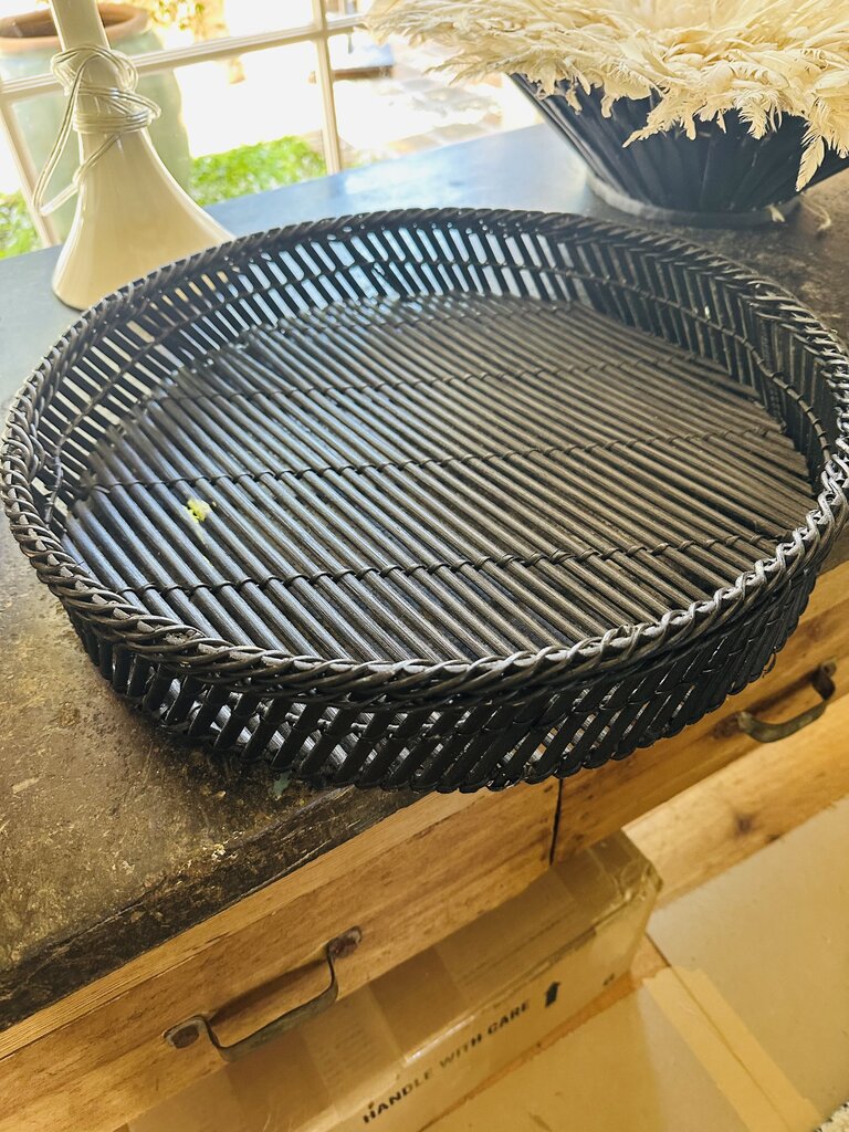 Decorative Woven Black Rattan & Reed Round Tray
