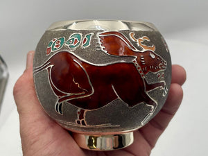Miguel Pineda Mexican Neo Myan Aztec Silver Enameled Footed Bowl 3.6"