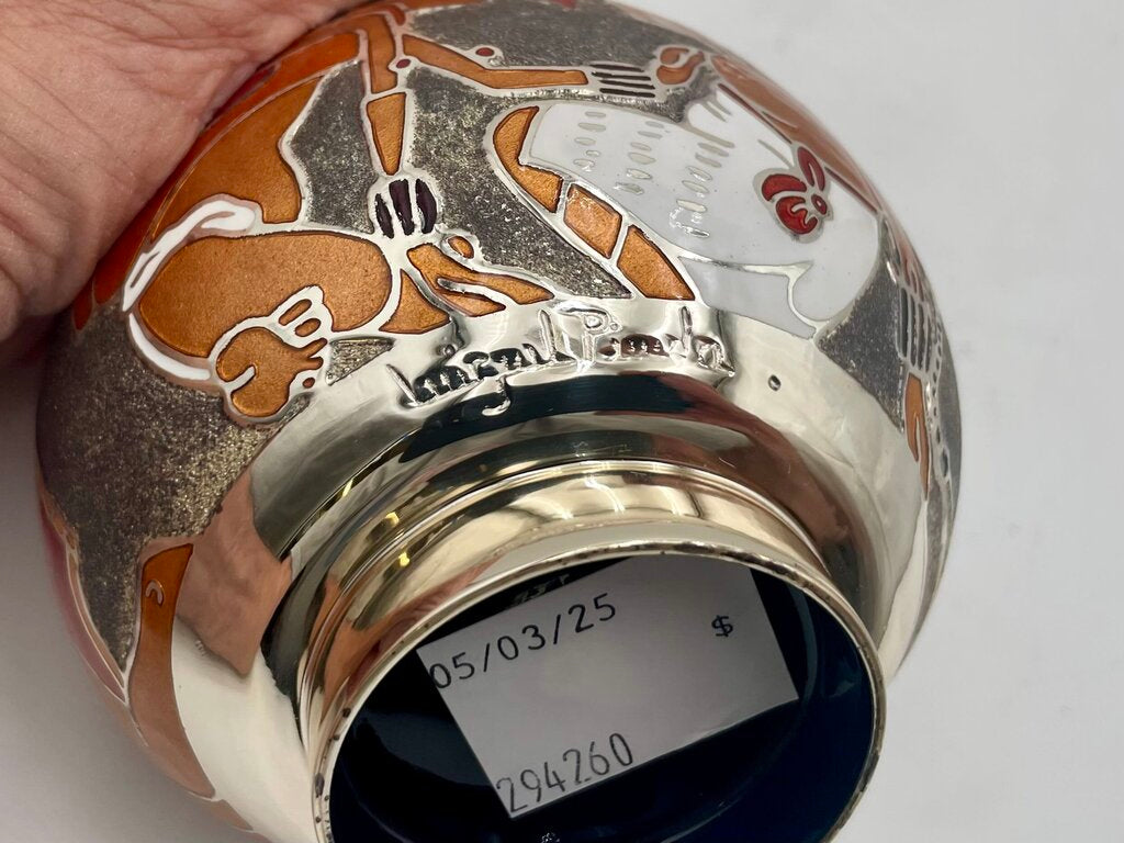 Miguel Pineda Mexican Neo Myan Aztec Silver Enameled Footed Bowl 3.6"