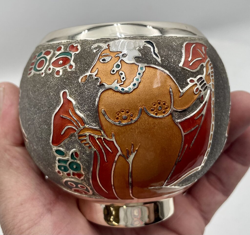 Miguel Pineda Mexican Neo Myan Aztec Silver Enameled Footed Bowl 3.6"