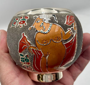 Miguel Pineda Mexican Neo Myan Aztec Silver Enameled Footed Bowl 3.6"
