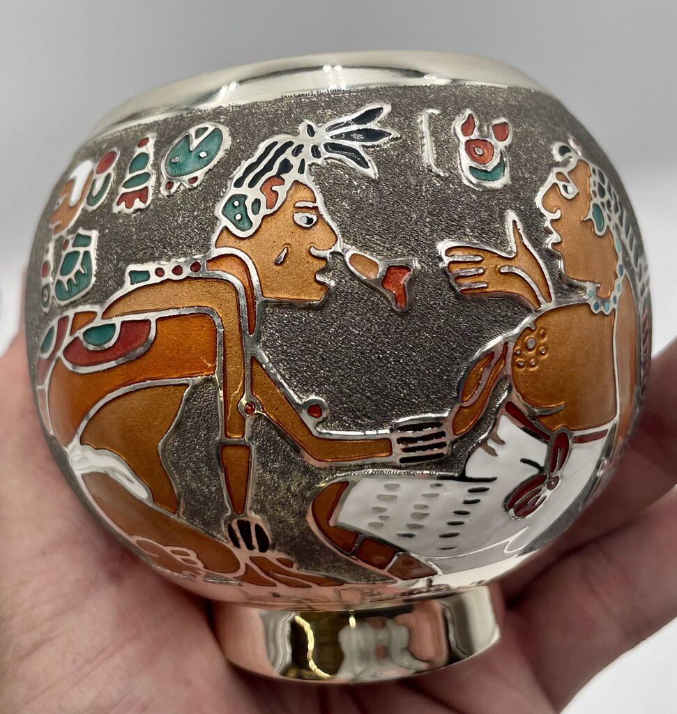 Miguel Pineda Mexican Neo Myan Aztec Silver Enameled Footed Bowl 3.6"