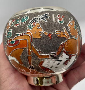 Miguel Pineda Mexican Neo Myan Aztec Silver Enameled Footed Bowl 3.6"