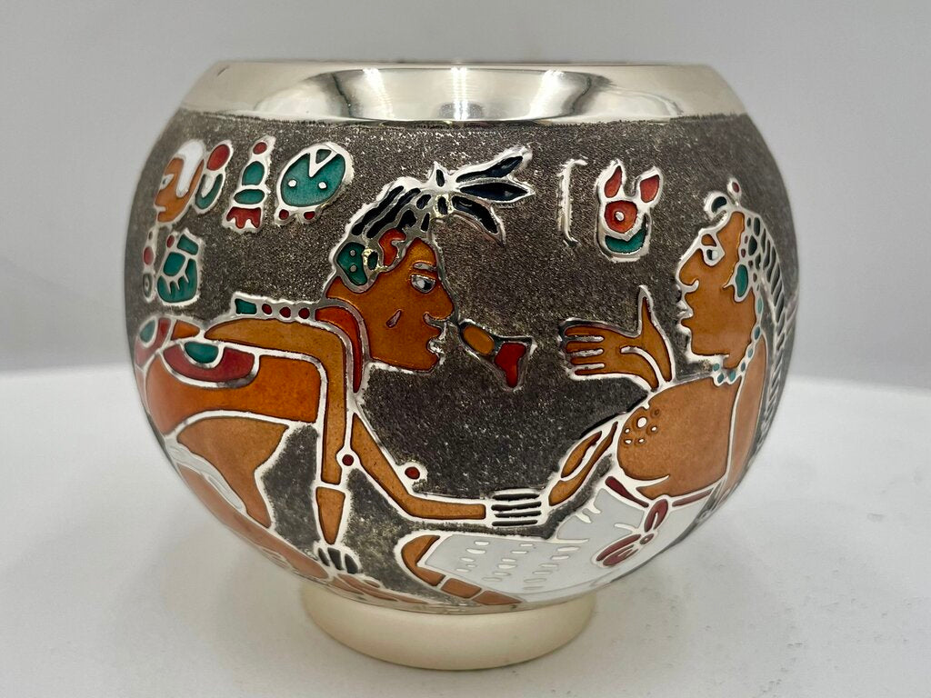 Miguel Pineda Mexican Neo Myan Aztec Silver Enameled Footed Bowl 3.6"