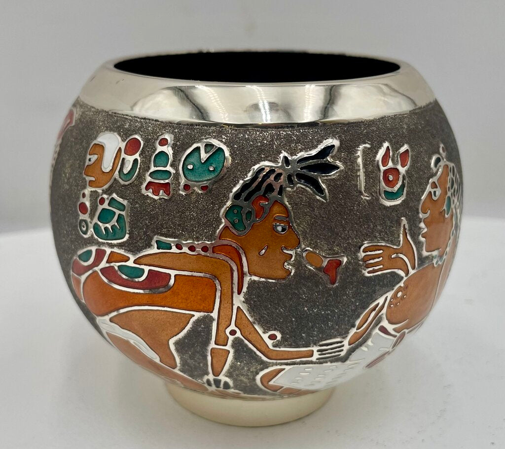 Miguel Pineda Mexican Neo Myan Aztec Silver Enameled Footed Bowl 3.6"