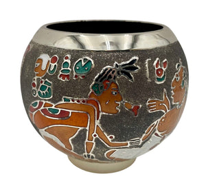 Miguel Pineda Mexican Neo Myan Aztec Silver Enameled Footed Bowl 3.6"