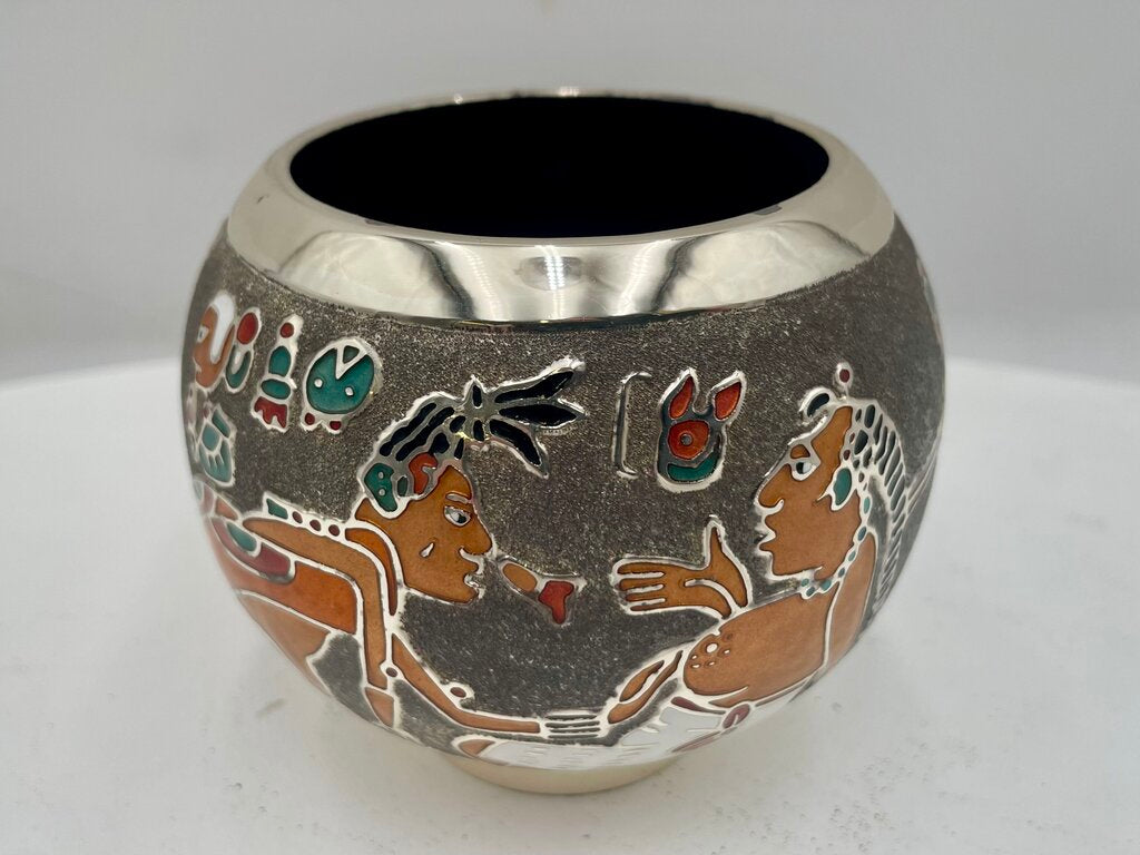 Miguel Pineda Mexican Neo Myan Aztec Silver Enameled Footed Bowl 3.6"