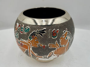 Miguel Pineda Mexican Neo Myan Aztec Silver Enameled Footed Bowl 3.6"