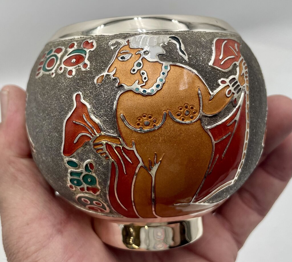 Miguel Pineda Mexican Neo Myan Aztec Silver Enameled Footed Bowl 3.6"