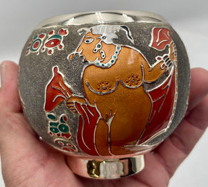Miguel Pineda Mexican Neo Myan Aztec Silver Enameled Footed Bowl 3.6"