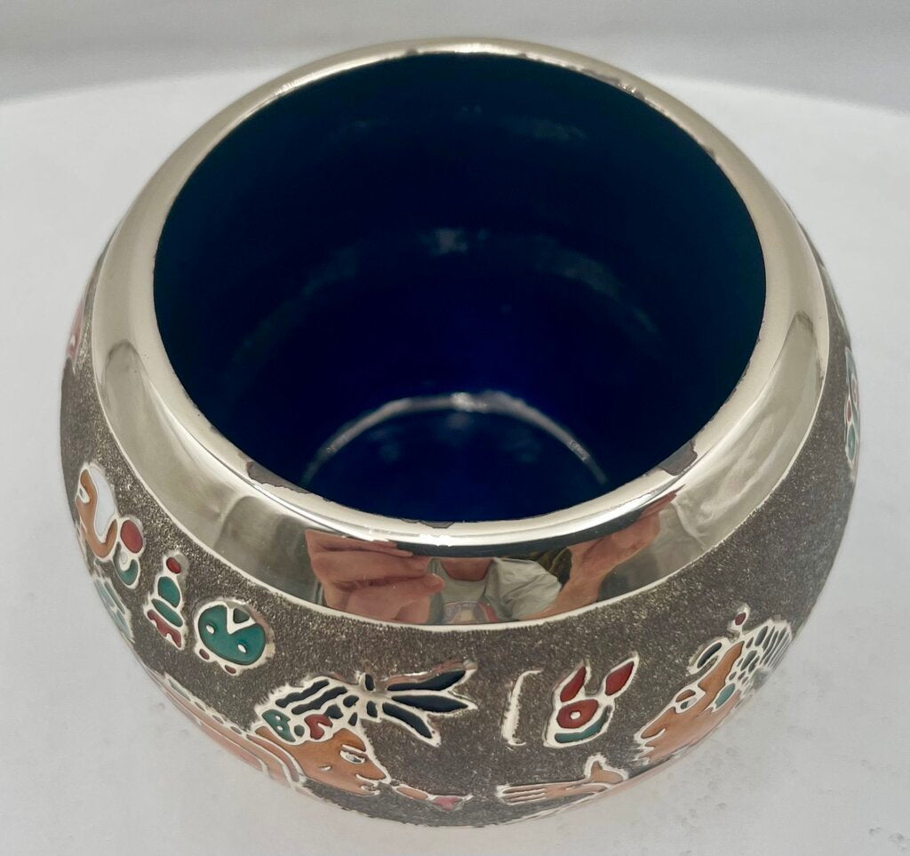 Miguel Pineda Mexican Neo Myan Aztec Silver Enameled Footed Bowl 3.6"