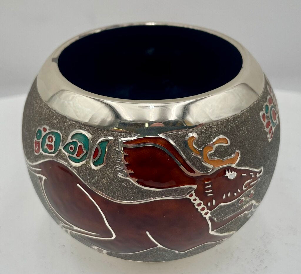 Miguel Pineda Mexican Neo Myan Aztec Silver Enameled Footed Bowl 3.6"