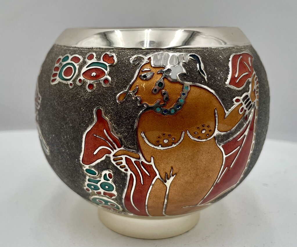 Miguel Pineda Mexican Neo Myan Aztec Silver Enameled Footed Bowl 3.6"