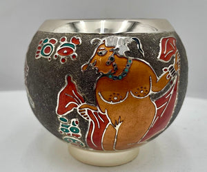 Miguel Pineda Mexican Neo Myan Aztec Silver Enameled Footed Bowl 3.6"