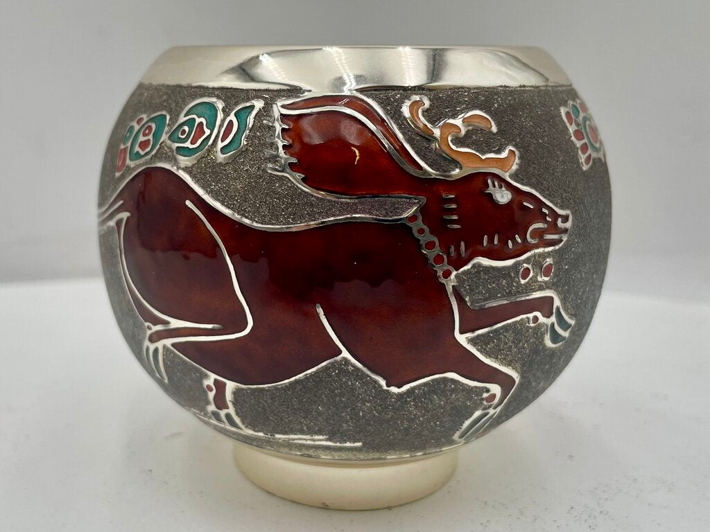 Miguel Pineda Mexican Neo Myan Aztec Silver Enameled Footed Bowl 3.6"