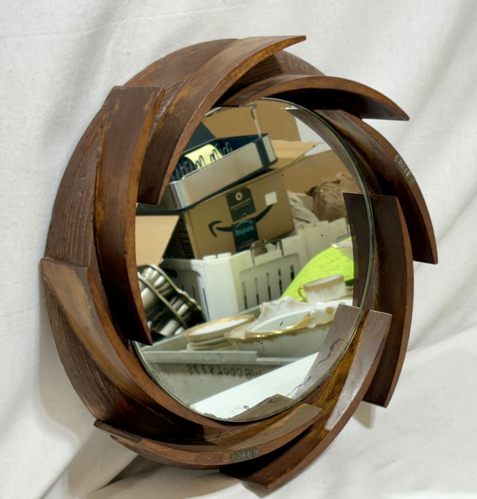 Vintage 40's Round Wooden Foundry Form Mirror Conversion 14"