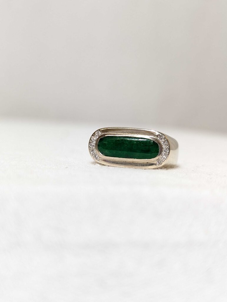 Jade & Diamonds Ring 14k White Gold (oval shaped stone)