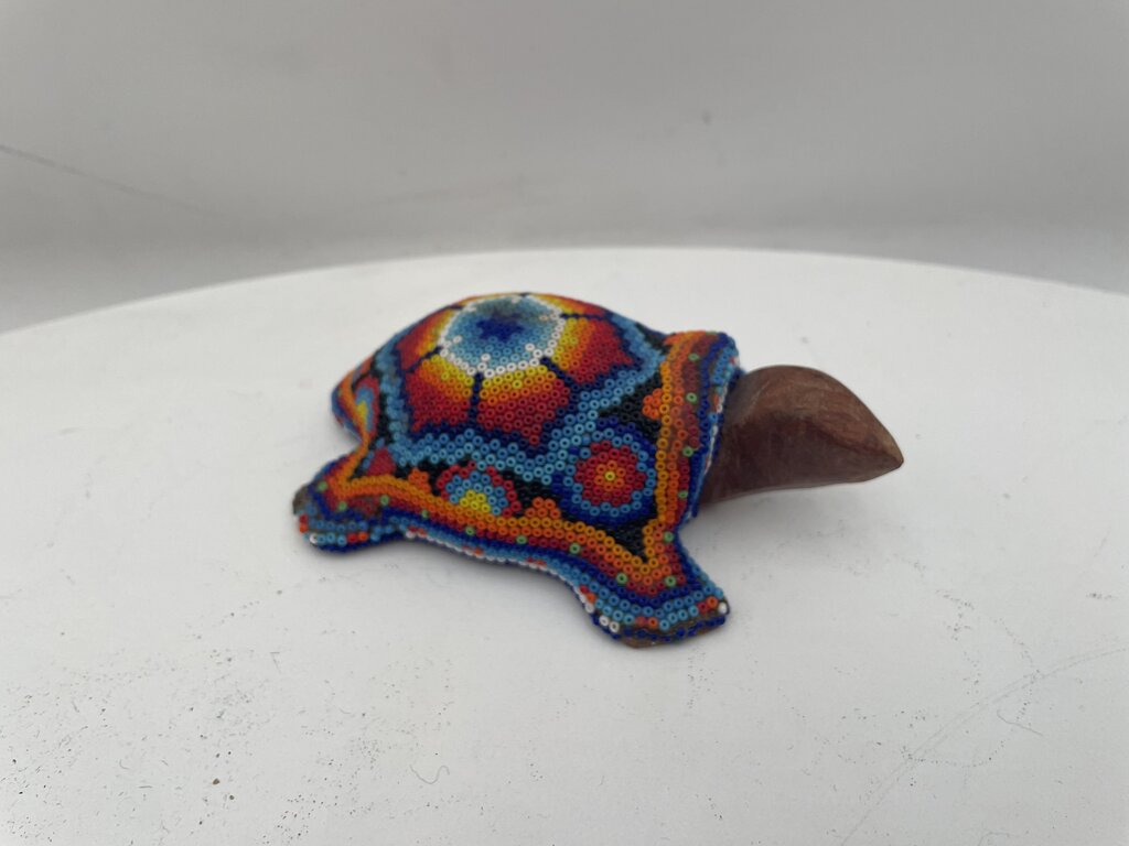 Traditional Huichol Indian Folk Art Colorful Glass Bead decorated Hardwood Turtle