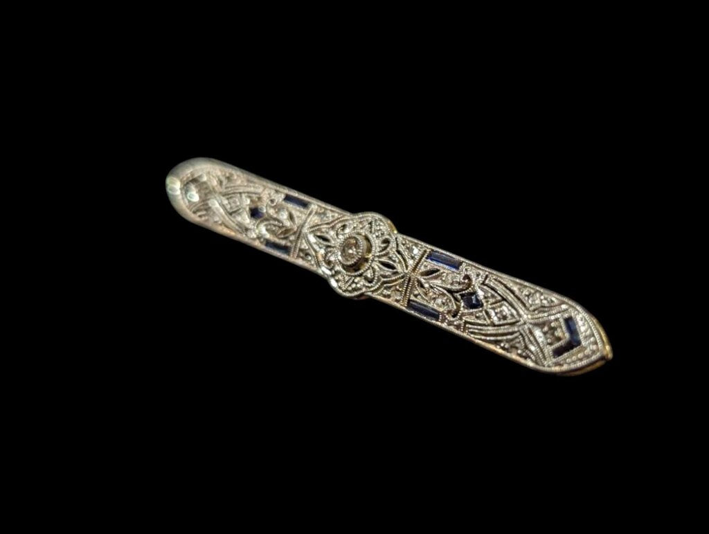 Brooch w/ Diamond & Sapphires 18k White & Yellow Gold