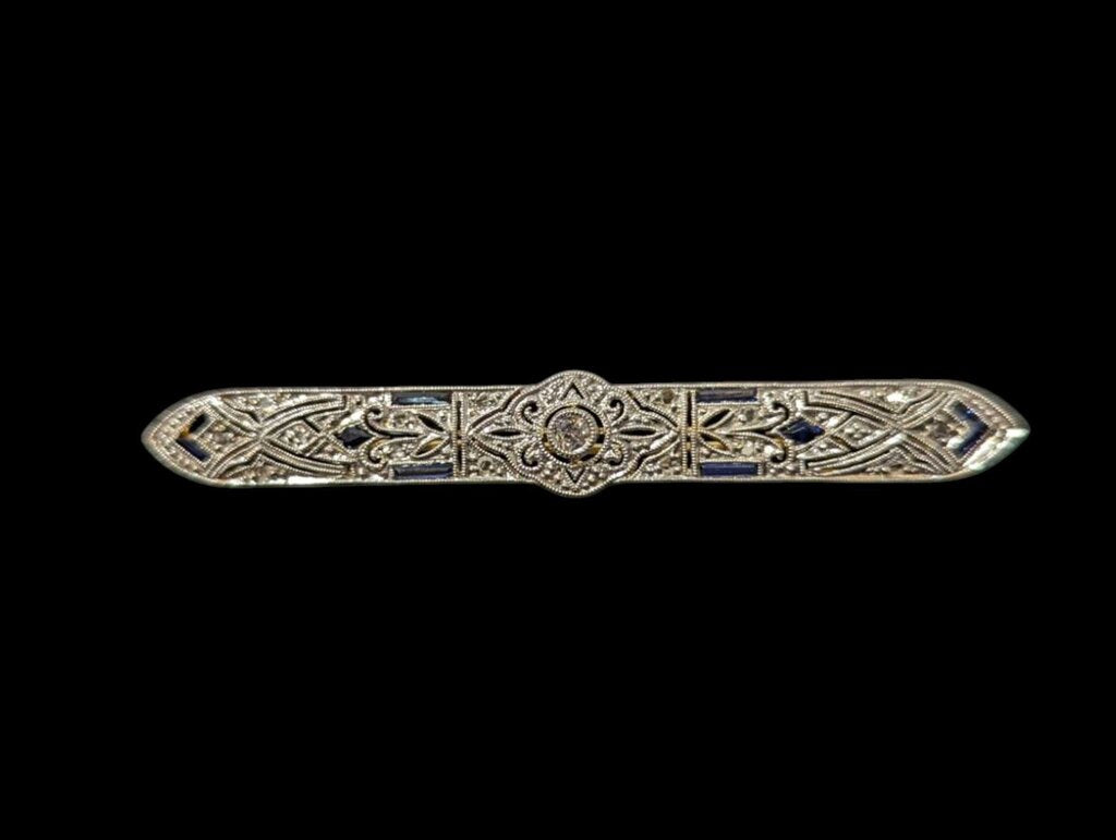 Brooch w/ Diamond & Sapphires 18k White & Yellow Gold