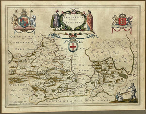 Late 19th C. Print Reproduction Hand Colored Etching 1662 Joan Blaeu Map of Berkshire