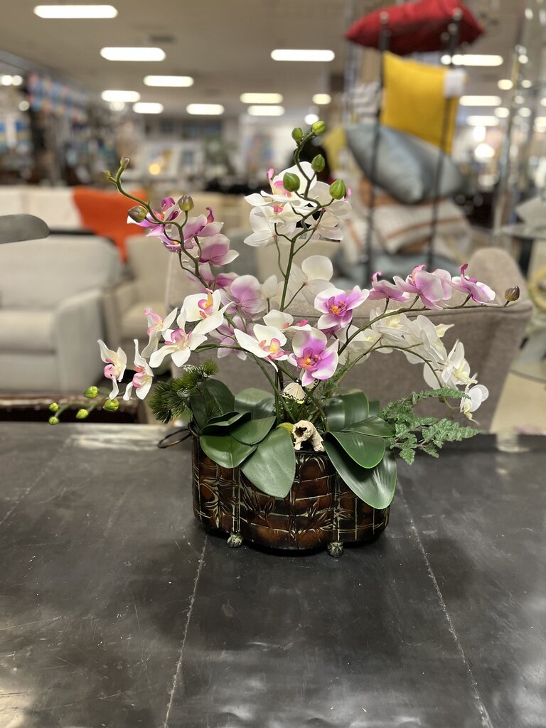 Pink & White Moth Orchids In Brown Metal Pot