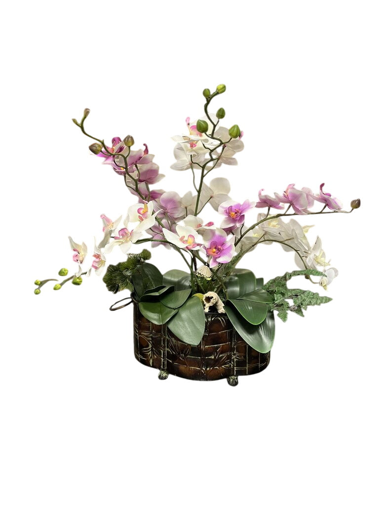 Pink & White Moth Orchids In Brown Metal Pot by Miss Daisy's Consignment & Auction House