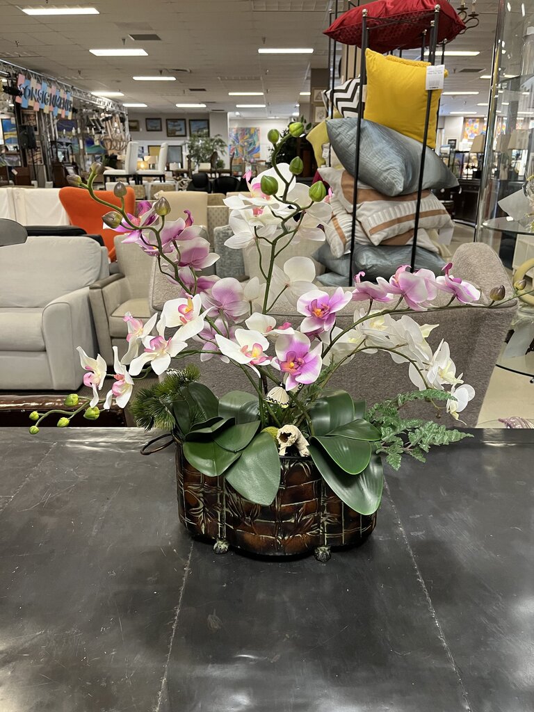 Pink & White Moth Orchids In Brown Metal Pot