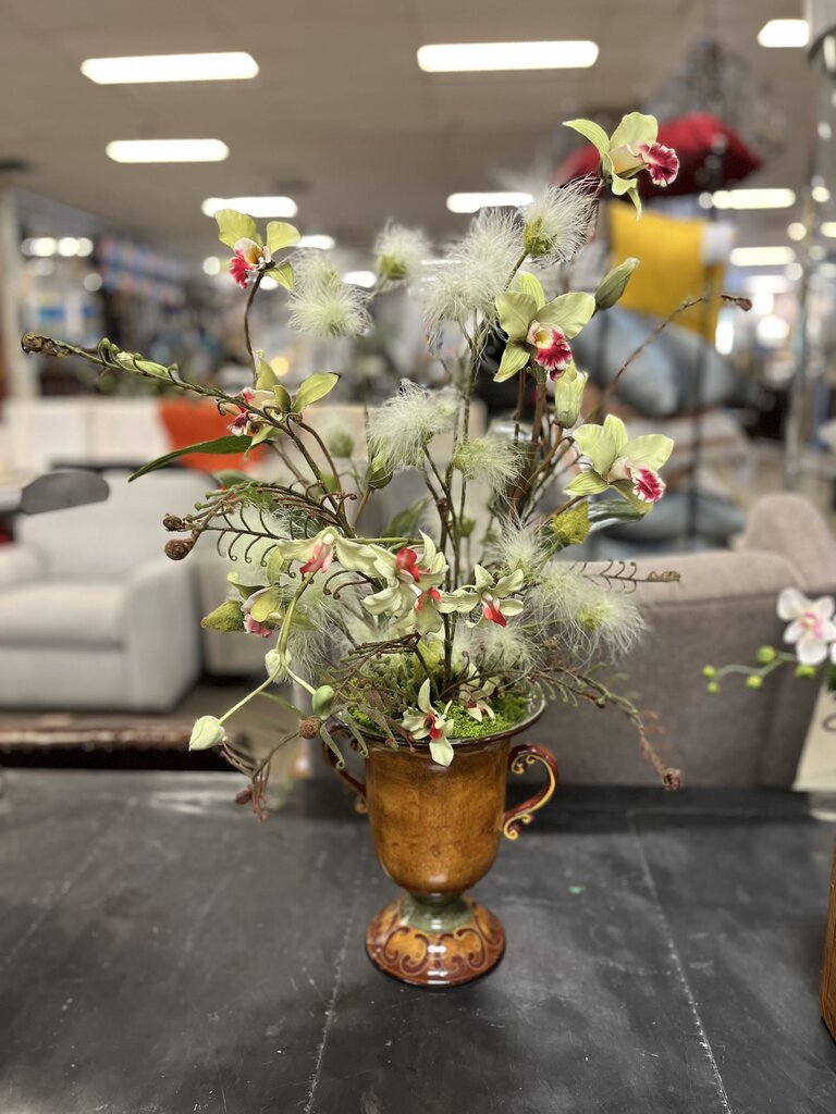 Green Red Boat Orchids White Clematis In Urn