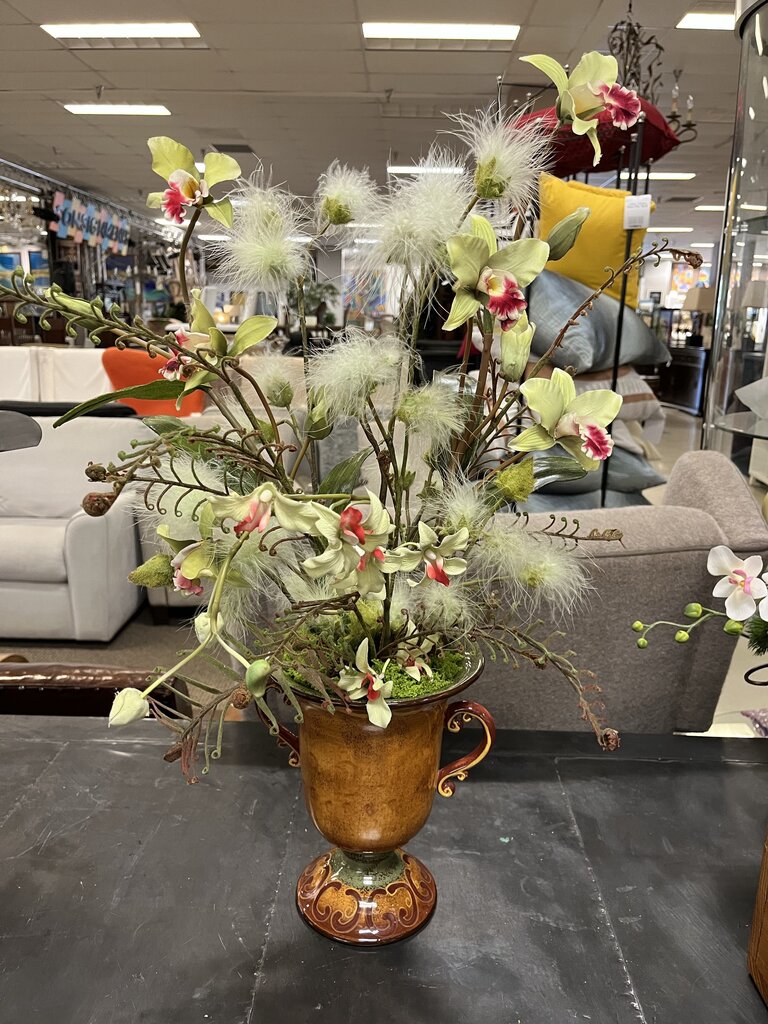 Green Red Boat Orchids White Clematis In Urn