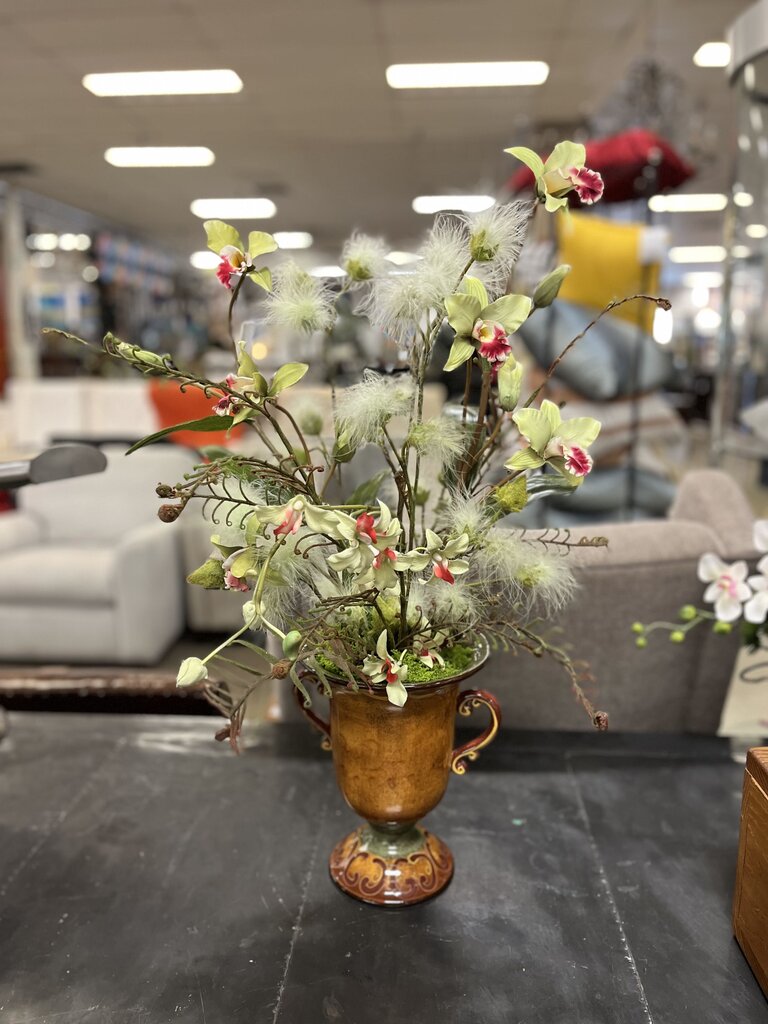 Green Red Boat Orchids White Clematis In Urn