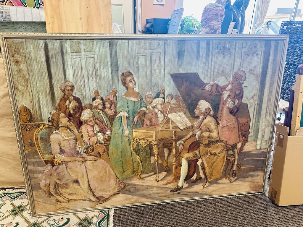 This is an antique early 20th century framed French Aubusson style Jacquard Tapestry featuring a 19th century musical concert scene originally painted by Italian painter Ludovico Marchetti.73x53