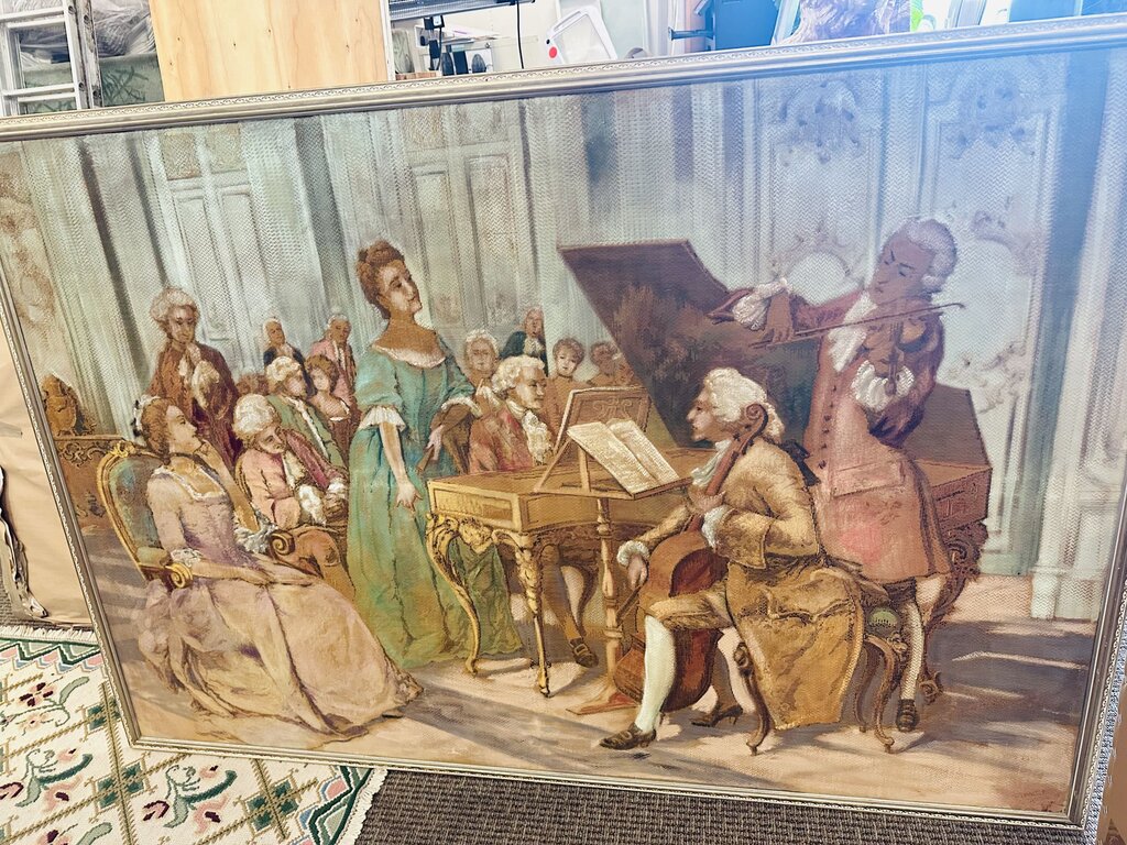 This is an antique early 20th century framed French Aubusson style Jacquard Tapestry featuring a 19th century musical concert scene originally painted by Italian painter Ludovico Marchetti.73x53