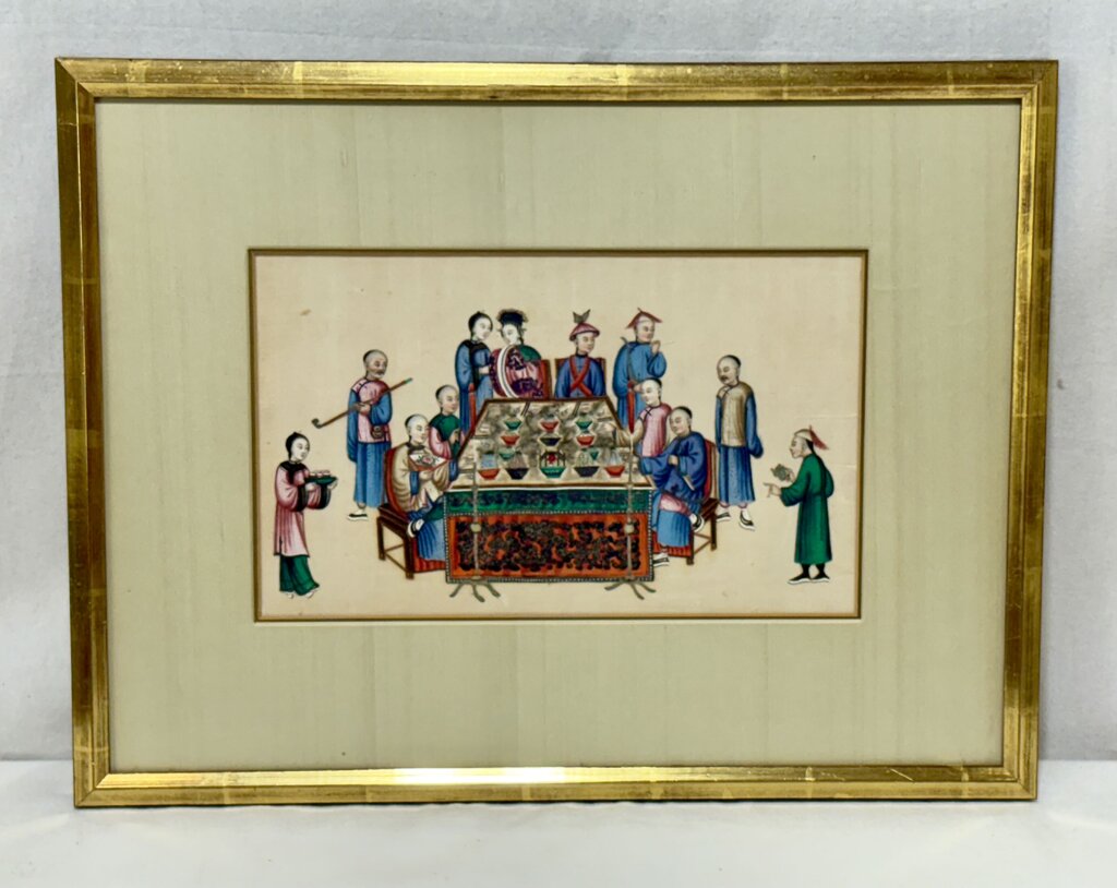 Mid 19th C. Chinese Water Color Gauche Painting on Rice Foam/ Pith Paper "Ceremonial Feast"