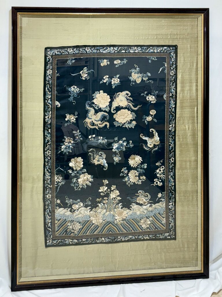 Late 19th C. Qing Dynasty Large Mounted Silk Embroidered Tapestry Rosewood Frame