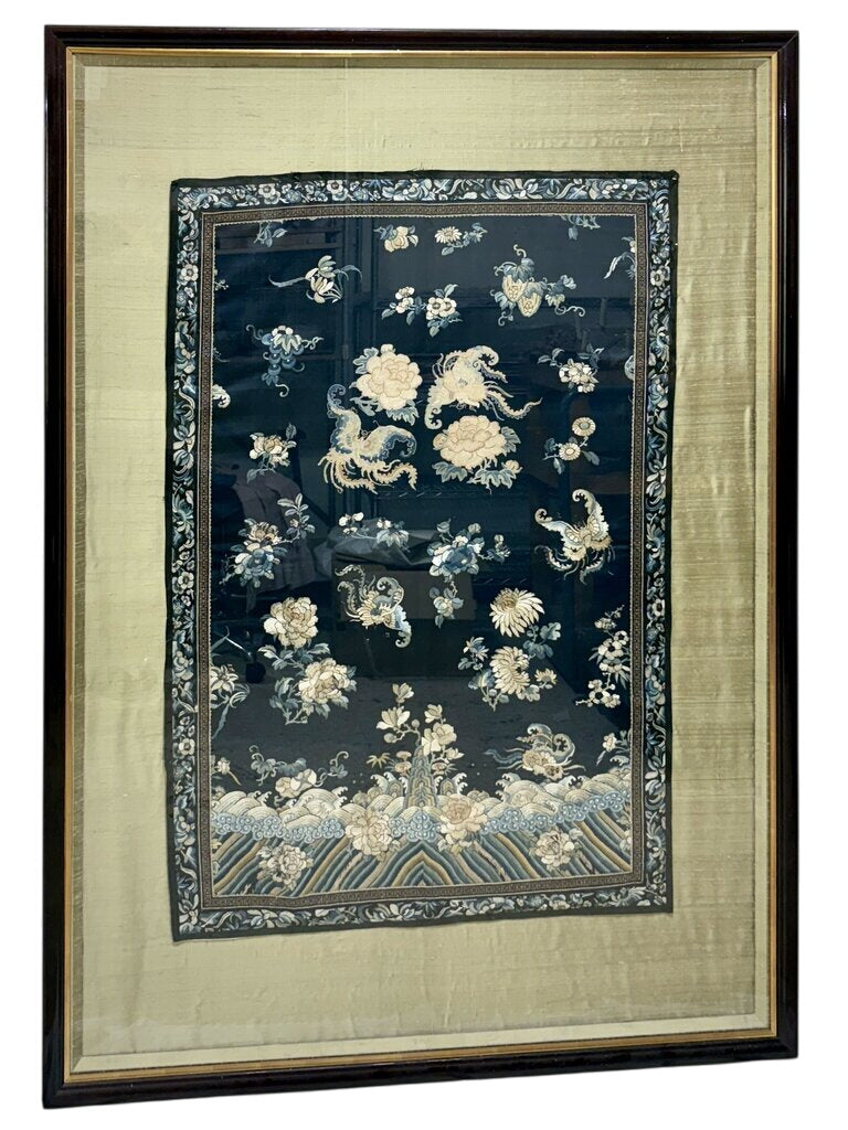 Late 19th C. Qing Dynasty Large Mounted Silk Embroidered Tapestry Rosewood Frame by Miss Daisy's Consignment & Auction House