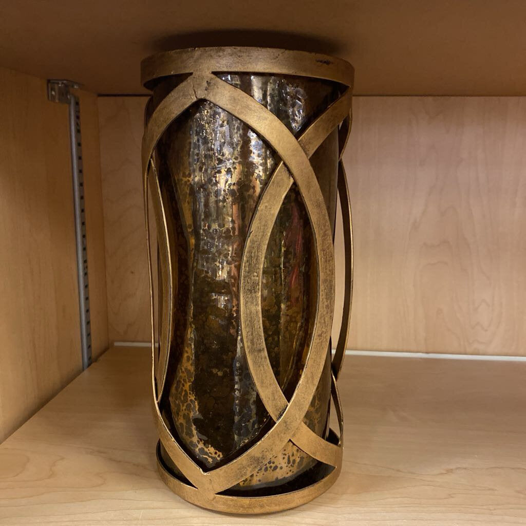 Gold Toned Metal & Glass Candle Holder 10.5"H