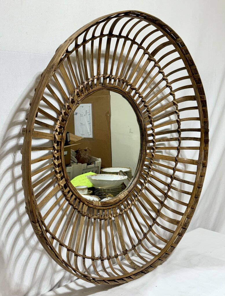 Vintage Rattan Cane Basket Style Round Wall Mirror