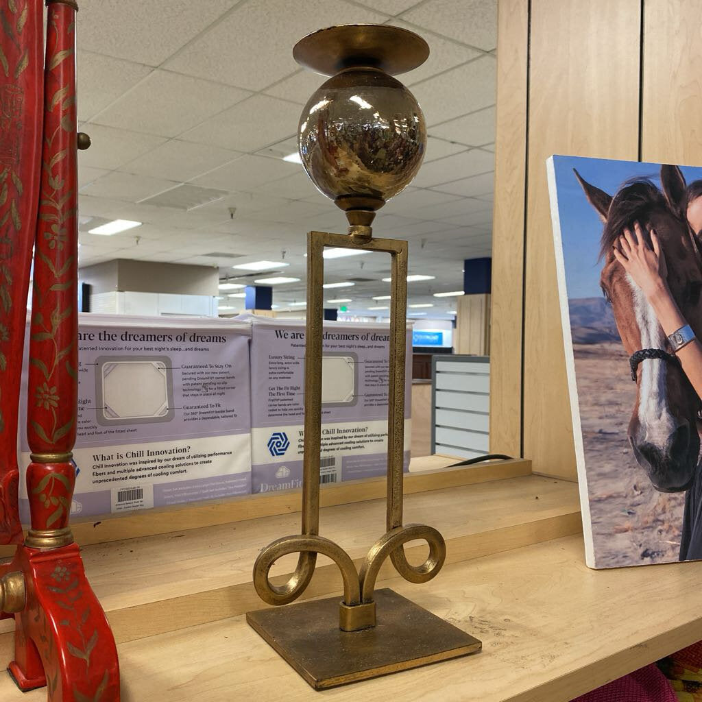 Gilt Iron & Glass Pillar Candle Holder 17.5"H