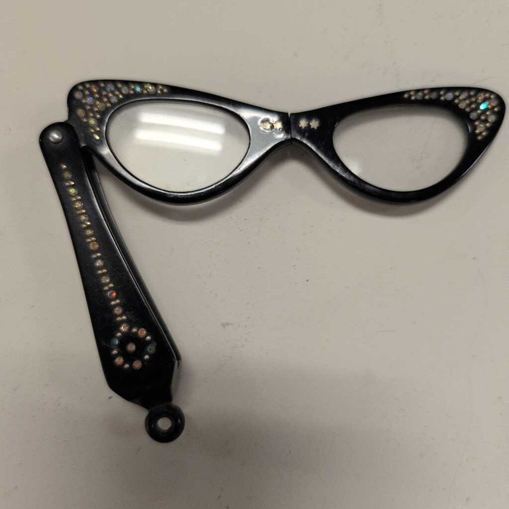 Vintage Black & Rhinestone Cat Eye Foldable Glasses