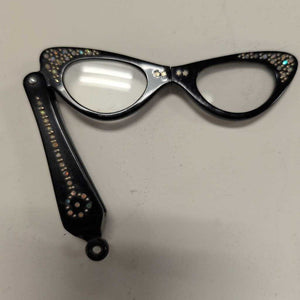 Vintage Black & Rhinestone Cat Eye Foldable Glasses