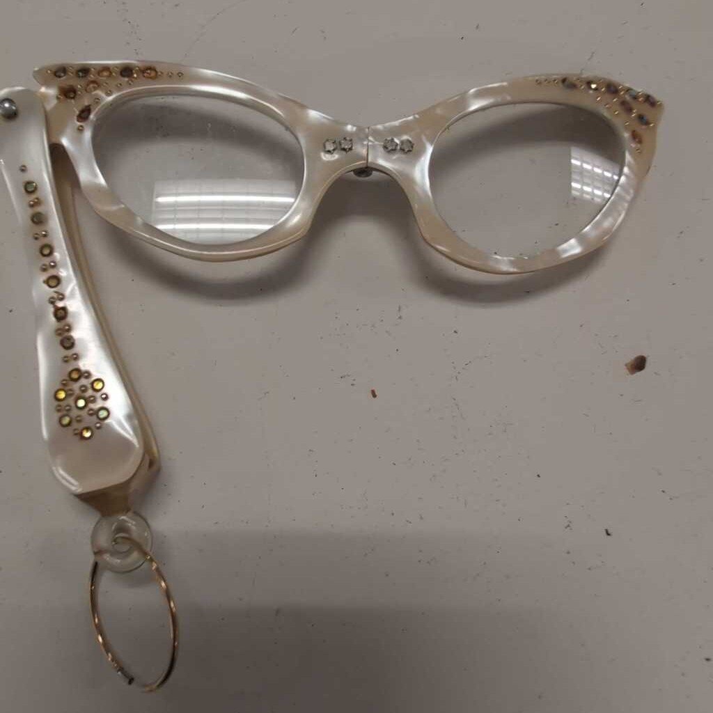Vintage Ivory & Rhinestone Cat Eye Foldable Glasses