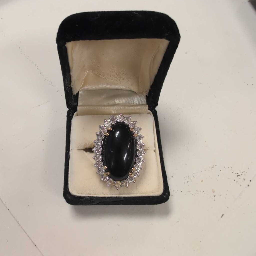 18K Gold Plated Black Stone w/Rhinestones