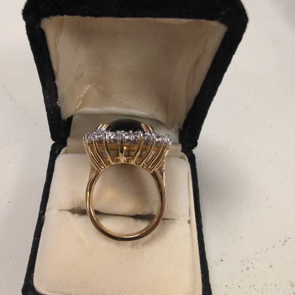 18K Gold Plated Black Stone w/Rhinestones