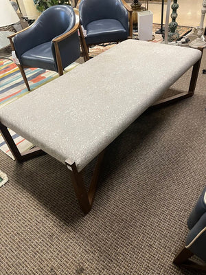 Mid Century Beige Upholstered Teak Wood Coffee Table