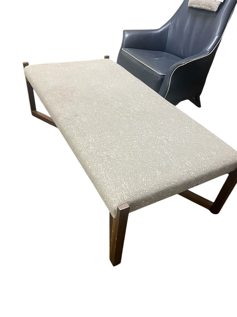 Mid Century Beige Upholstered Teak Wood Coffee Table by Miss Daisy's Consignment & Auction House