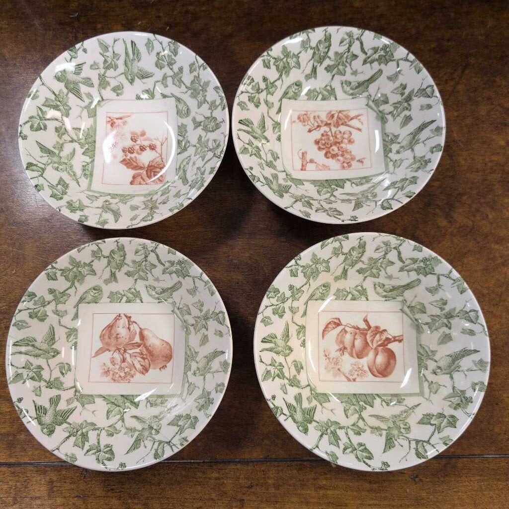 Mottahedeh Bird and Fruit Salad Plates Green Pear Berry Grape Peach Bowls(set of 4)