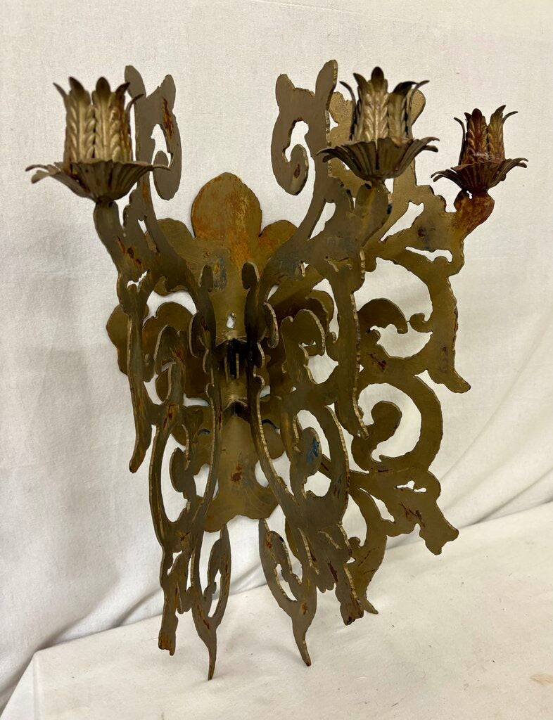 Custom Hand Made Plasma Cut French Style Bronze Finish 3 Candle Wall Sconce (PAIR)
