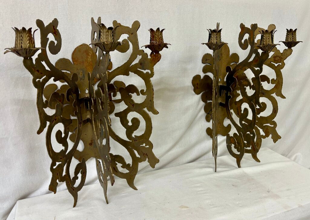 Custom Hand Made Plasma Cut French Style Bronze Finish 3 Candle Wall Sconce (PAIR)