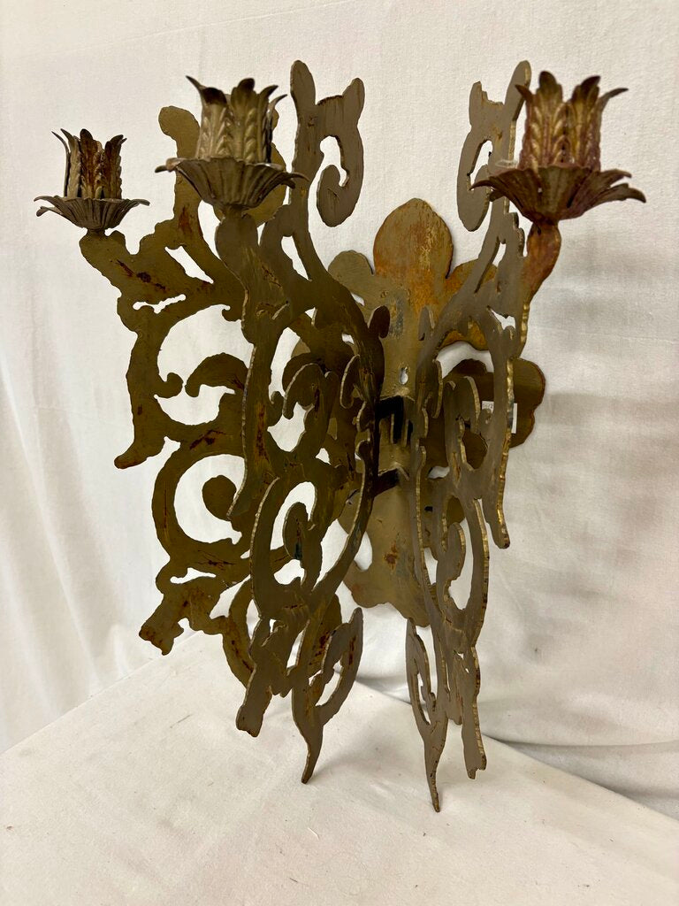 Custom Hand Made Plasma Cut French Style Bronze Finish 3 Candle Wall Sconce (PAIR)